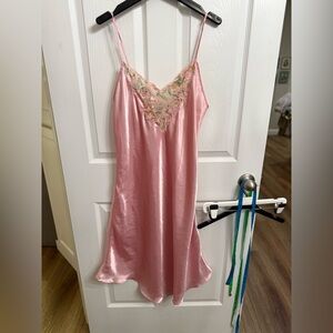 Vintage Val Mode Pink Satin Slip Dress w/ Floral Appliqué Coquette, Balletcore M